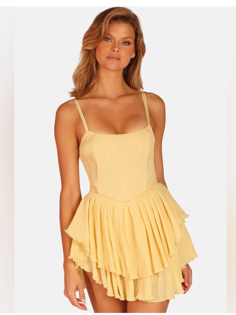OW Collection Crush Dress Yellow Pleated Tiered Ruffle Mini Dress XS NWT